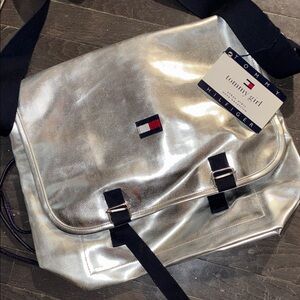Tommy Hilfiger Silver Messenger Bag with Black Straps